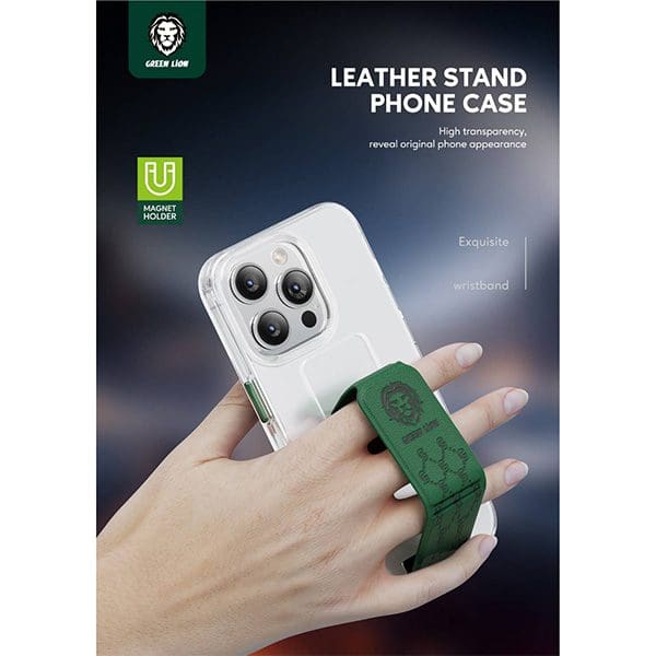 MagSafe Leather Wallet Phone Case for iPhone 13 Pro - Green Lion
